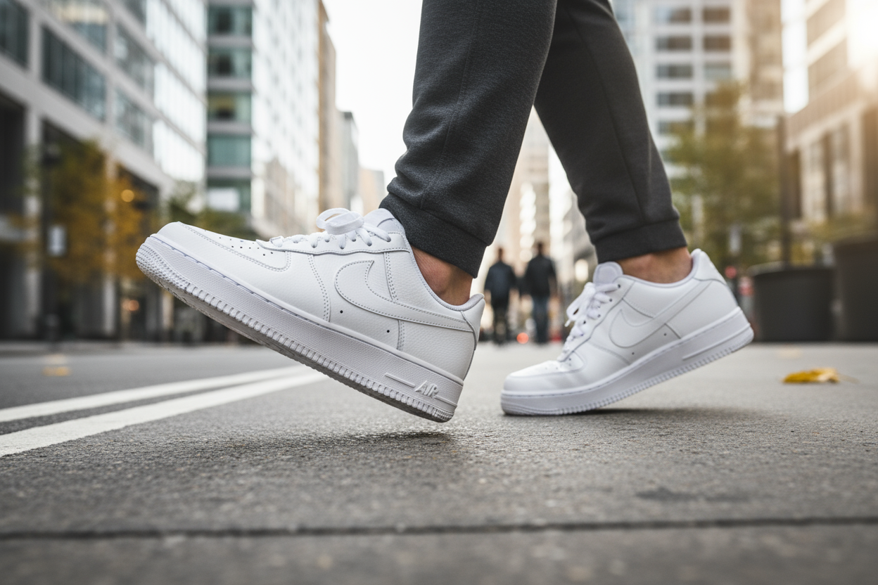 crie uma imagem profissional do site da nike desse tenis Tênis Nike Air Force 1 "07 Masculino usando ele pra caminhar