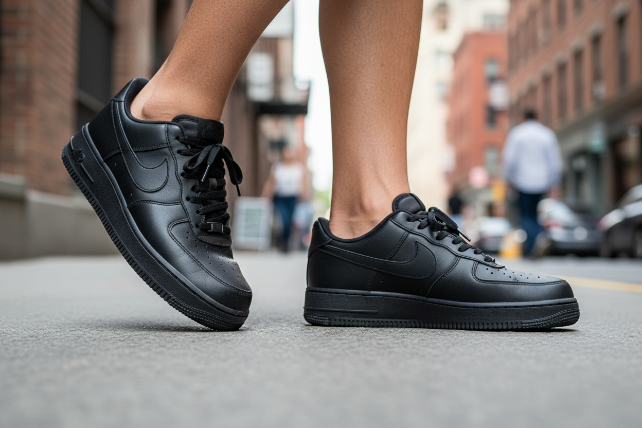 Tênis Nike Air Force 1 "07 Masculino crie na cor todo preto de uma pessoa andando
